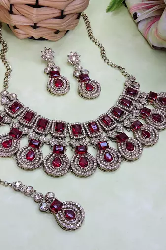 Maroon yellow gold premium designer american diamond and stone work necklace set