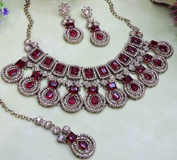 Maroon yellow gold premium designer american diamond and stone work necklace set 3