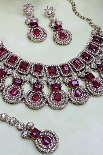 Maroon yellow gold premium designer american diamond and stone work necklace set