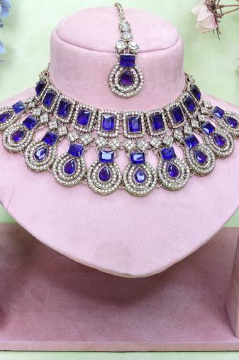 Blue yellow gold premium designer american diamond and stone work necklace set