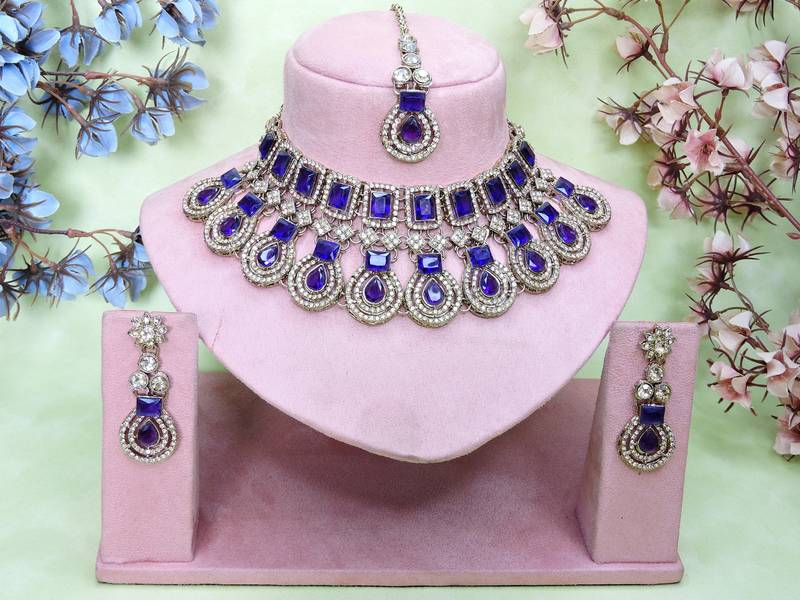 Blue yellow gold premium designer american diamond and stone work necklace set