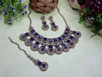 Blue yellow gold premium designer american diamond and stone work necklace set 2
