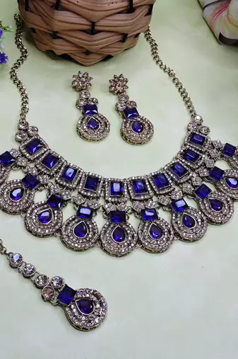 Blue yellow gold premium designer american diamond and stone work necklace set