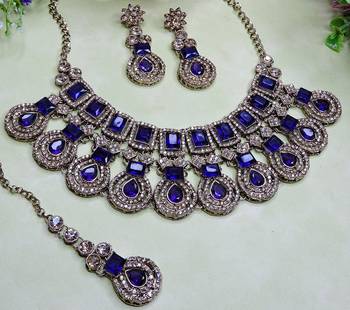 Blue yellow gold premium designer american diamond and stone work necklace set 3