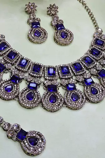 Blue yellow gold premium designer american diamond and stone work necklace set