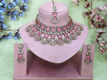 Pink yellow gold premium designer american diamond and stone work necklace set 1
