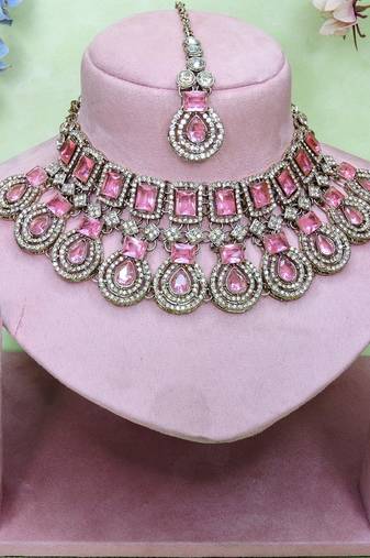 Pink yellow gold premium designer american diamond and stone work necklace set