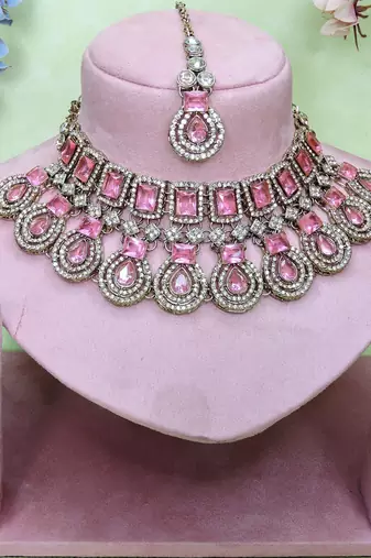 Pink yellow gold premium designer american diamond and stone work necklace set
