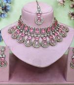 Pink yellow gold premium designer american diamond and stone work necklace set