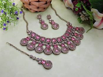 Pink yellow gold premium designer american diamond and stone work necklace set 2