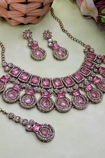 Pink yellow gold premium designer american diamond and stone work necklace set