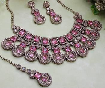 Pink yellow gold premium designer american diamond and stone work necklace set 3