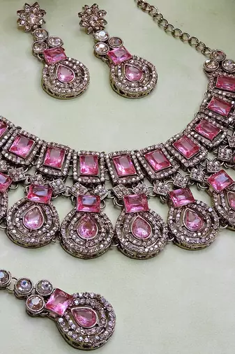 Pink yellow gold premium designer american diamond and stone work necklace set