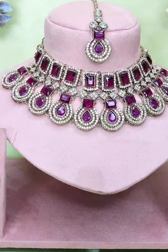 Purple yellow gold premium designer american diamond and stone work necklace set