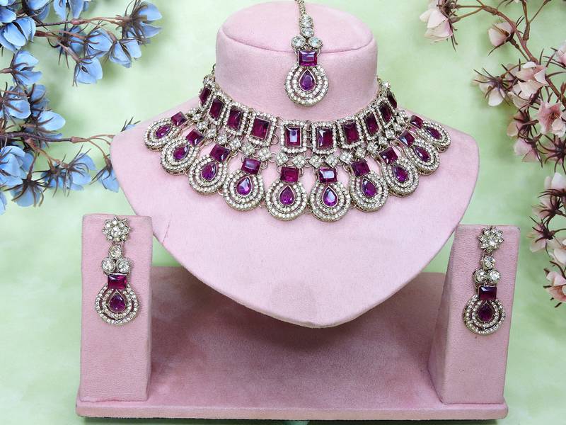 Purple yellow gold premium designer american diamond and stone work necklace set
