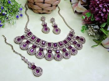 Purple yellow gold premium designer american diamond and stone work necklace set 2
