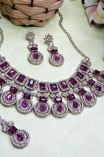 Purple yellow gold premium designer american diamond and stone work necklace set