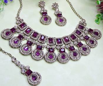 Purple yellow gold premium designer american diamond and stone work necklace set 3