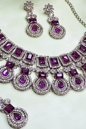 Purple yellow gold premium designer american diamond and stone work necklace set