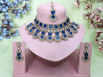 Blue yellow gold premium designer american diamond and stone work necklace set 1