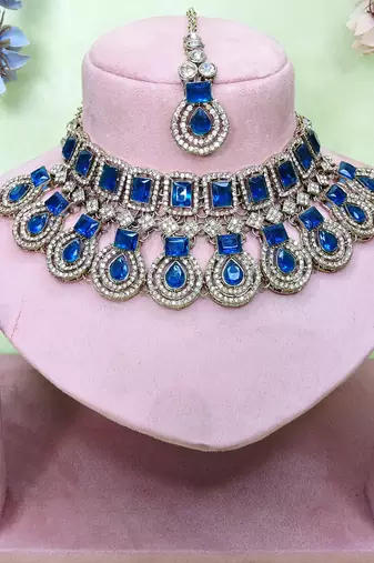 Blue yellow gold premium designer american diamond and stone work necklace set