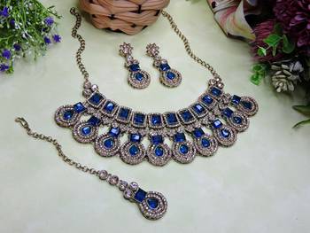 Blue yellow gold premium designer american diamond and stone work necklace set 2
