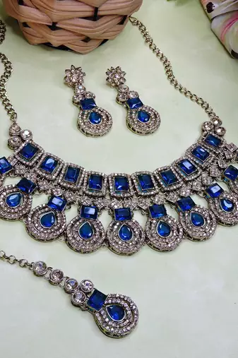 Blue yellow gold premium designer american diamond and stone work necklace set
