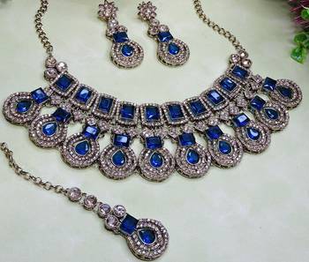 Blue yellow gold premium designer american diamond and stone work necklace set 3