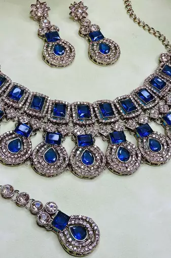 Blue yellow gold premium designer american diamond and stone work necklace set