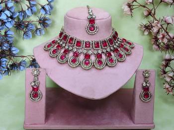 Pink yellow gold premium designer american diamond and stone work necklace set 1