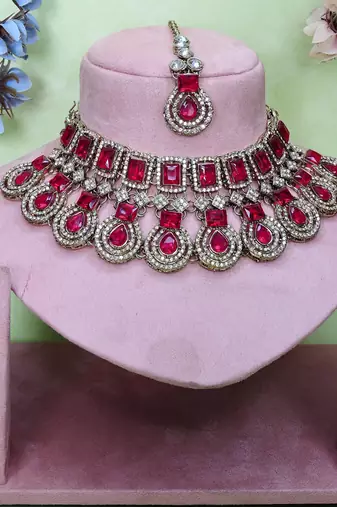 Pink yellow gold premium designer american diamond and stone work necklace set