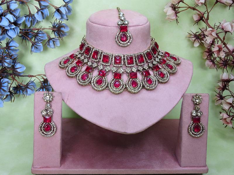 Pink yellow gold premium designer american diamond and stone work necklace set