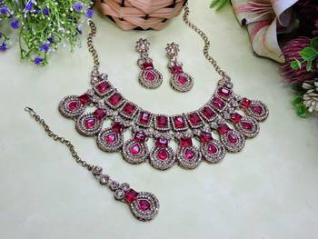Pink yellow gold premium designer american diamond and stone work necklace set 2
