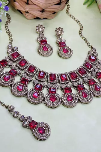 Pink yellow gold premium designer american diamond and stone work necklace set