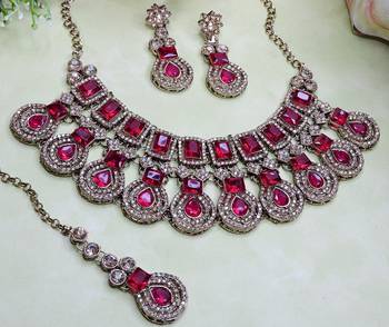 Pink yellow gold premium designer american diamond and stone work necklace set 3