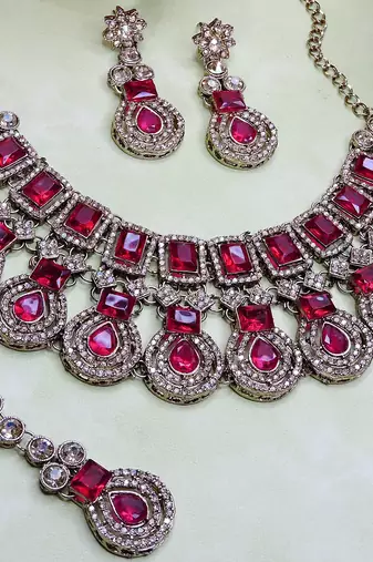 Pink yellow gold premium designer american diamond and stone work necklace set