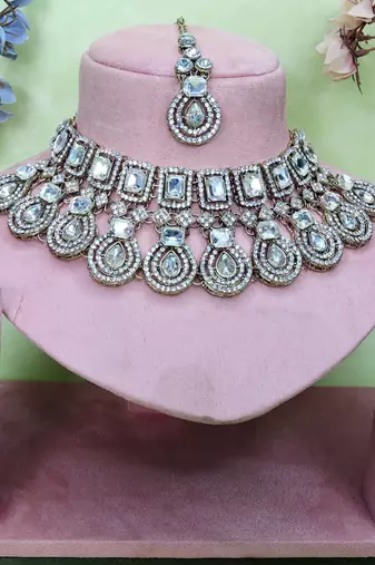White yellow gold premium designer american diamond and stone work necklace set