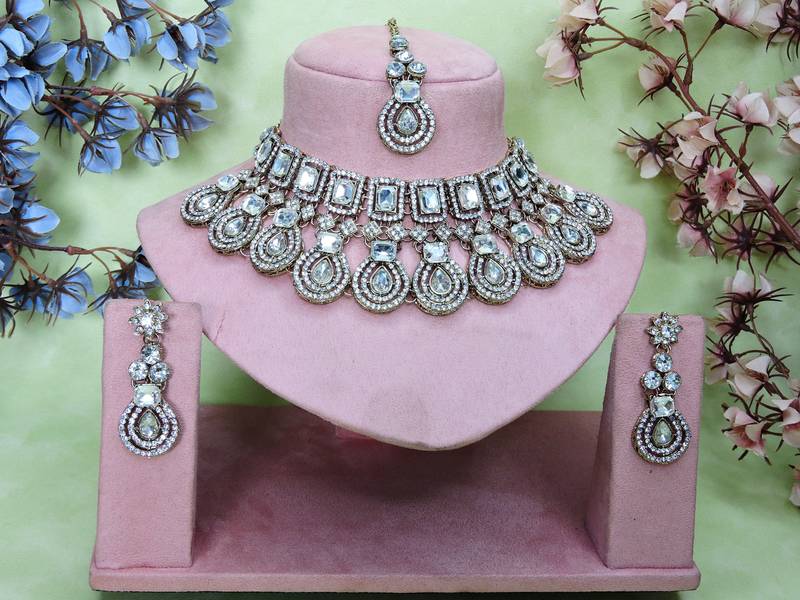 White yellow gold premium designer american diamond and stone work necklace set