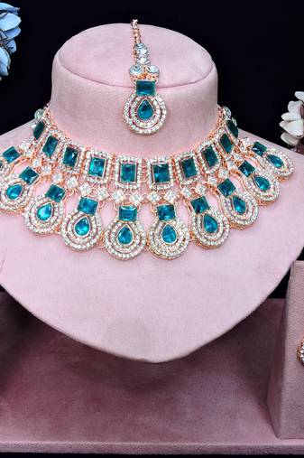 Green rose gold premium designer american diamond and stone work necklace set