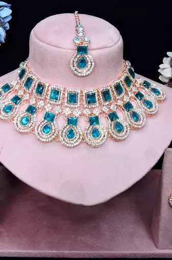 Green rose gold premium designer american diamond and stone work necklace set