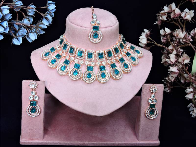 Green rose gold premium designer american diamond and stone work necklace set