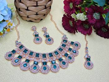 Green rose gold premium designer american diamond and stone work necklace set 2