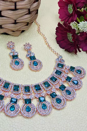 Green rose gold premium designer american diamond and stone work necklace set
