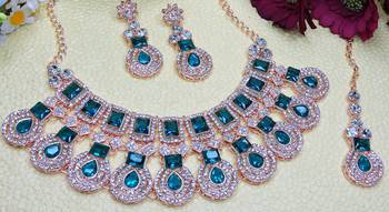 Green rose gold premium designer american diamond and stone work necklace set 3