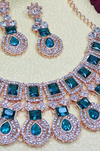 Green rose gold premium designer american diamond and stone work necklace set