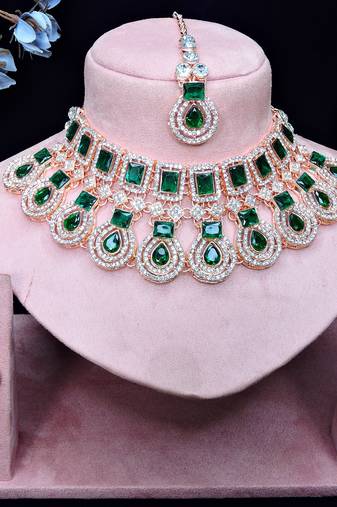 Green rose gold premium designer american diamond and stone work necklace set