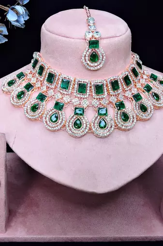 Green rose gold premium designer american diamond and stone work necklace set