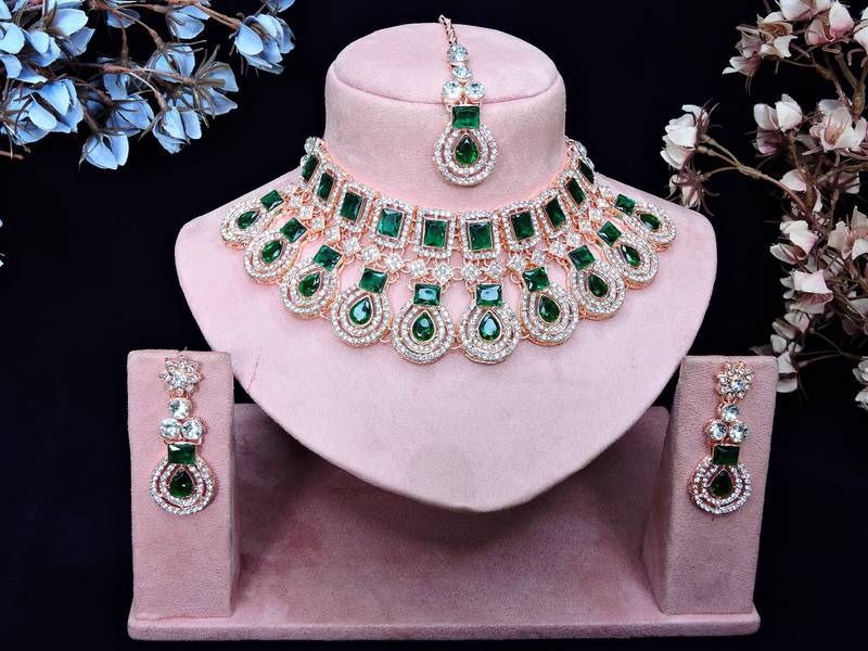 Green rose gold premium designer american diamond and stone work necklace set