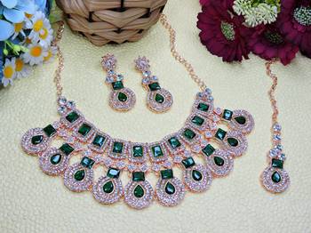 Green rose gold premium designer american diamond and stone work necklace set 2