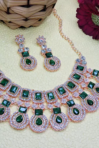 Green rose gold premium designer american diamond and stone work necklace set